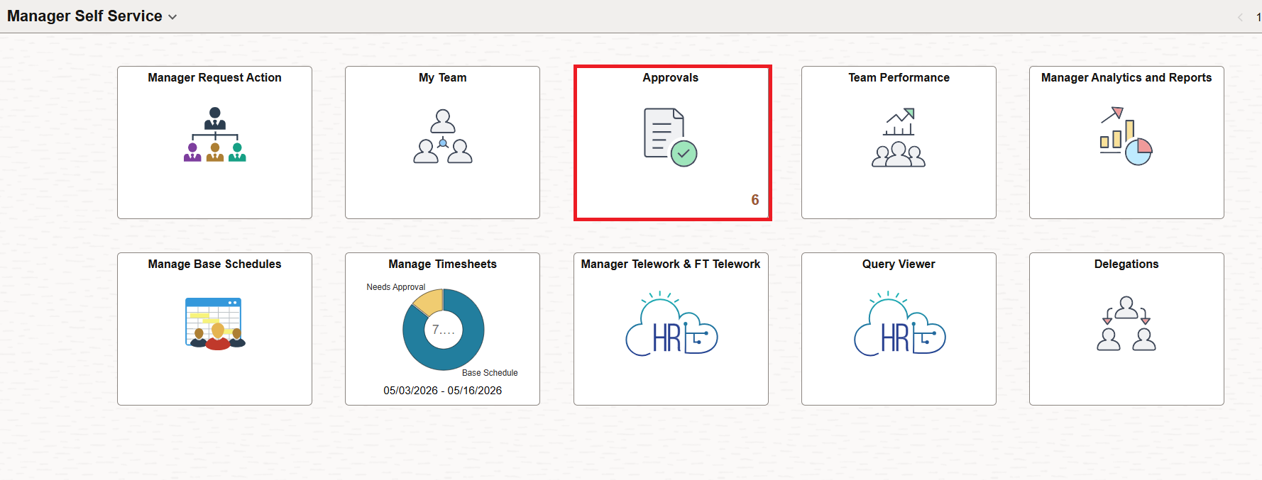 Manager self service screen with approvals tile highlighted