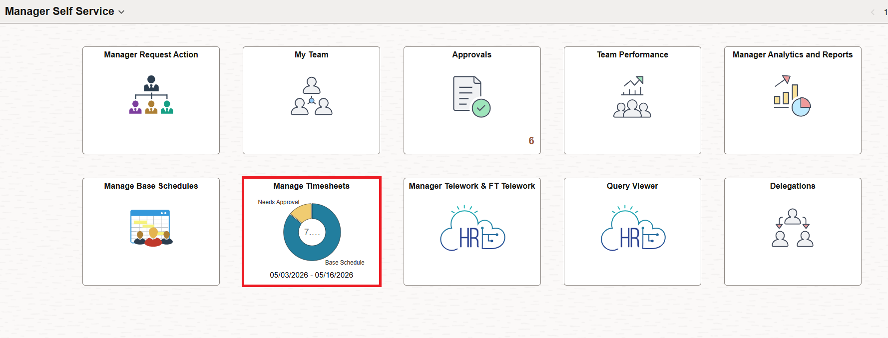 Manager self service page with manage timesheets tile highlighted