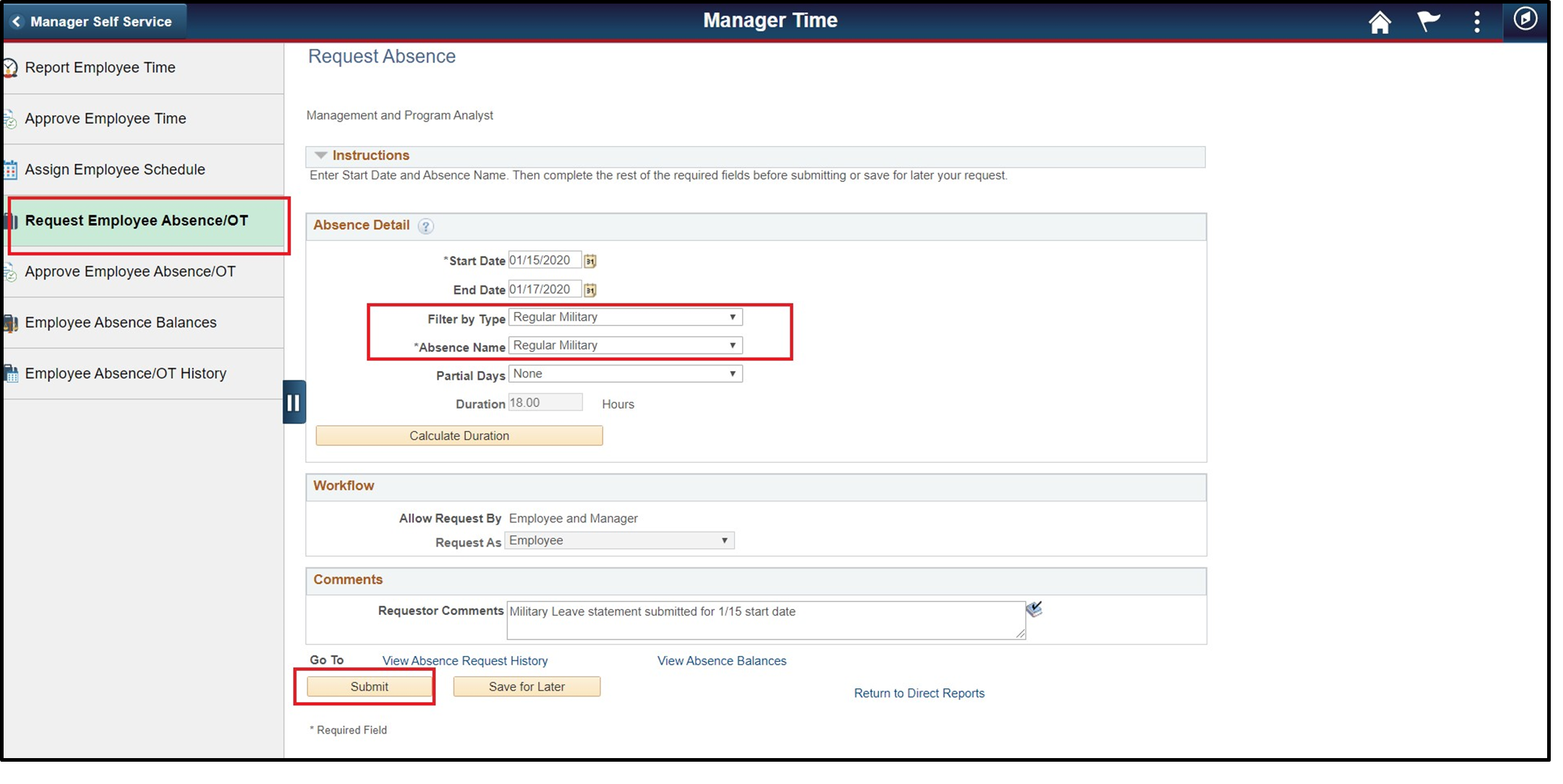 Timesheet entry with filter by type, absence name, and submit button highlighted