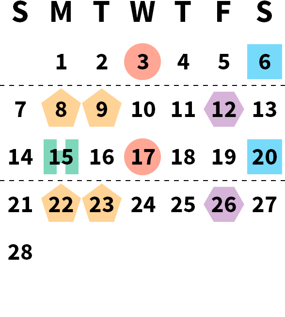 February 2027 calendar month grid with columns for Sunday to Saturday, Monday, Feb 1 on first row, and Sunday, Feb 28 on fifth row