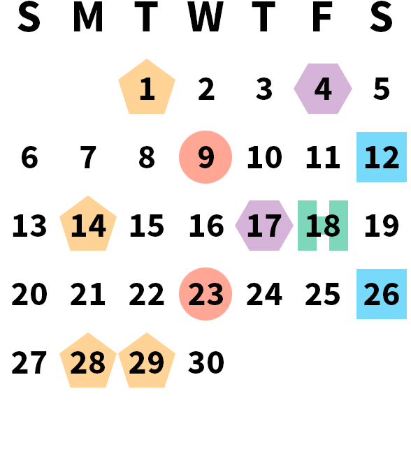 June 2027 calendar month grid with columns for Sunday to Saturday, Tuesday, June 1 on first row, and Wednesday, June 30 on fifth row