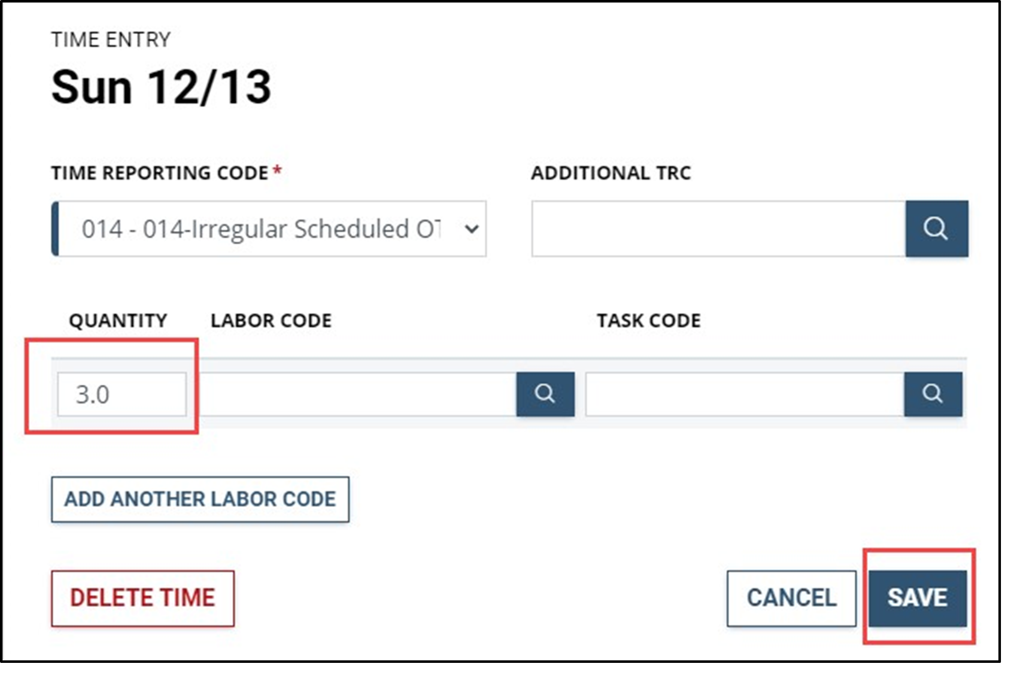 Timesheet entry with quantity of overtime hours box and save button highlighted