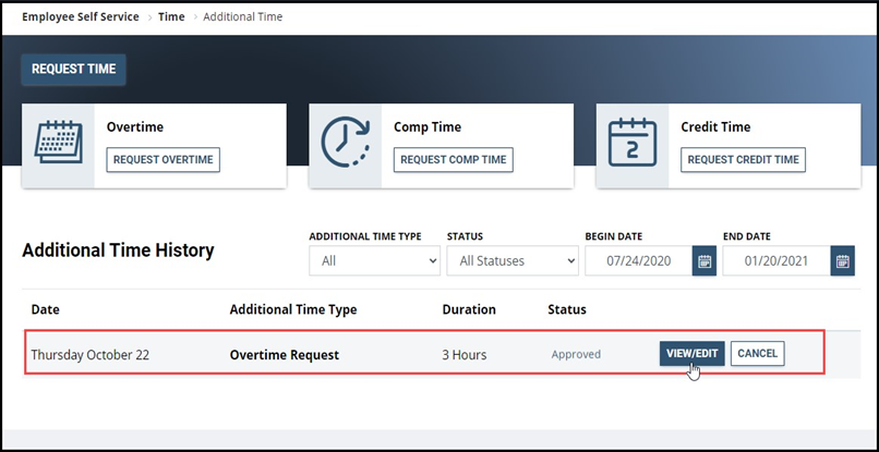 Overtime request with date, duration, status highlighted and mouseover on view/edit button