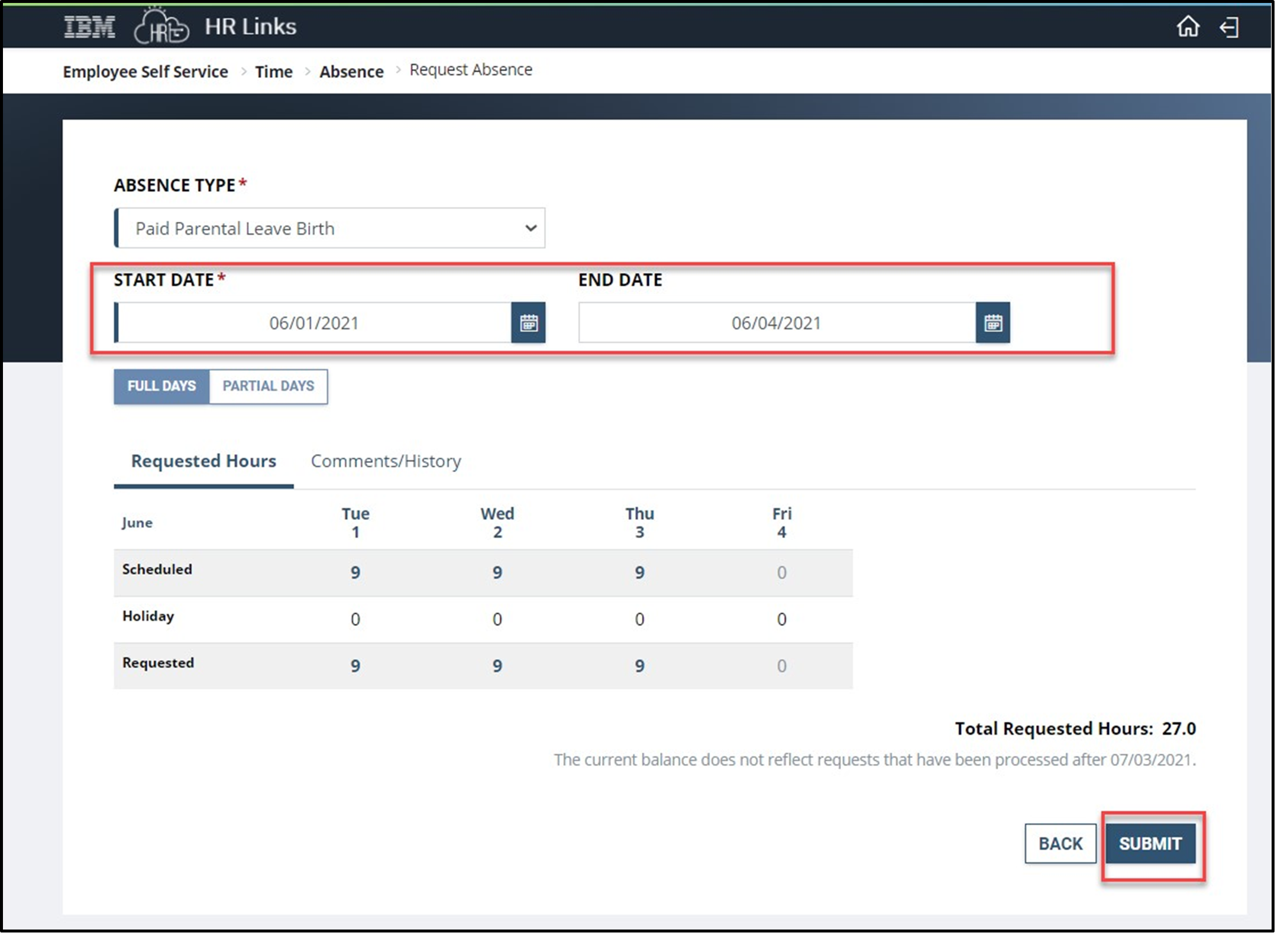 Timesheet entry with the start and end date boxes of paid parental leave highlighted