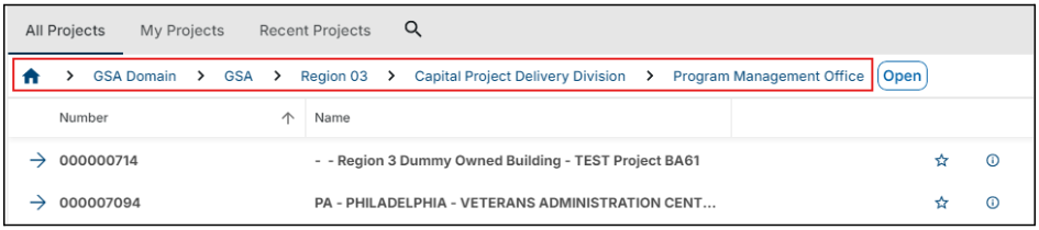 Project Finder partition breadcrumb navigation bar highlighted