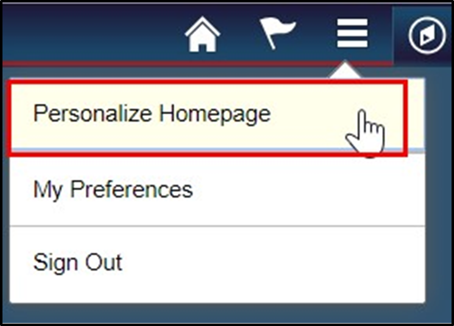Timesheet entry with personalize homepage highlighted from the menu