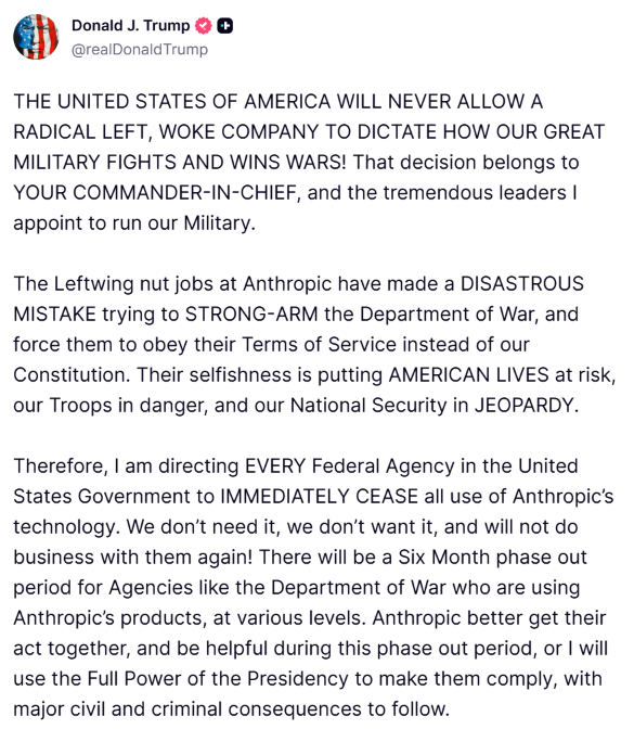 Trump orders all federal agencies to stop using Anthropic's tech, accusing the "radical left" company of endangering the military.