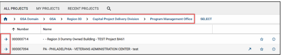 Project Finder app with breadcrumb and arrows highlighted