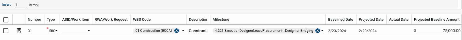 Items section screenshot showing all fields and the projected baseline amount.