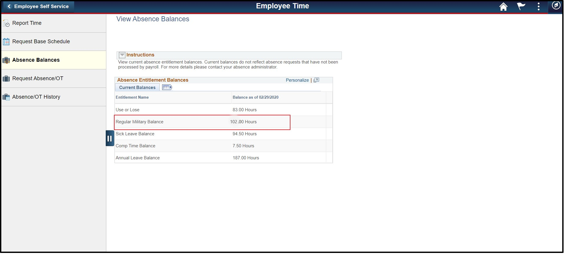 Timesheet entry with regular military balance hours highlighted