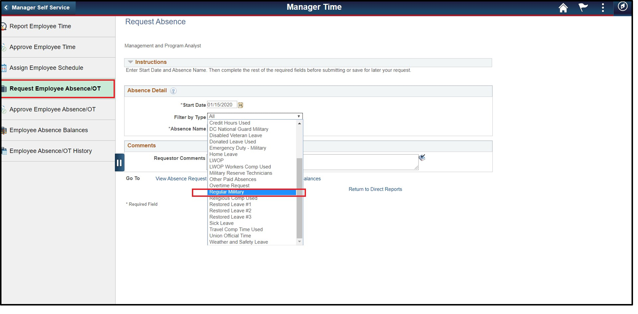 Timesheet entry with regular military highlighted