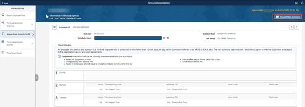 Timesheet entry with request new schedule highlighted