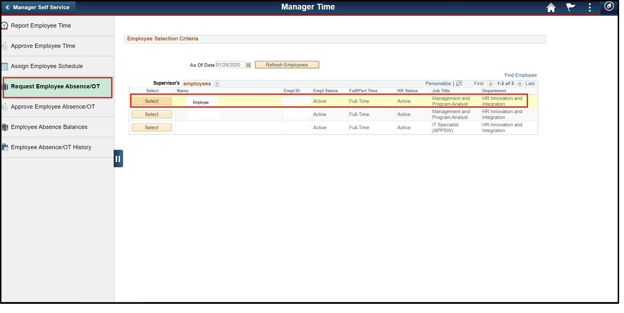 Time entry for request employee absence with employee name, ID, status, and title highlighted