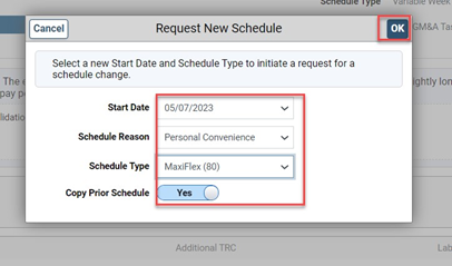 Time entry request new schedule dialog box with start date, schedule reason, schedule type, and OK button highlighted 