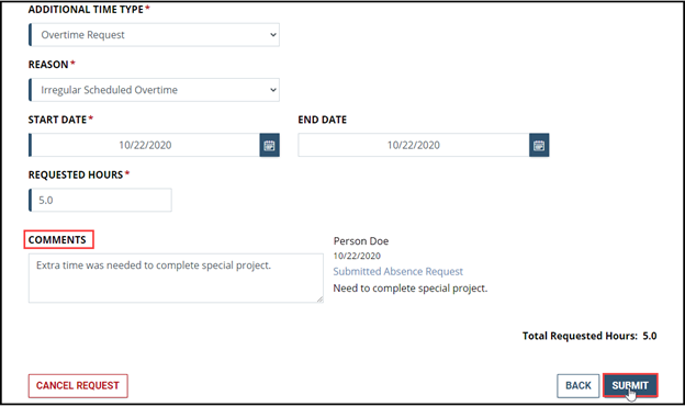 Timesheet entry showing requested hours and comments box highlighted
