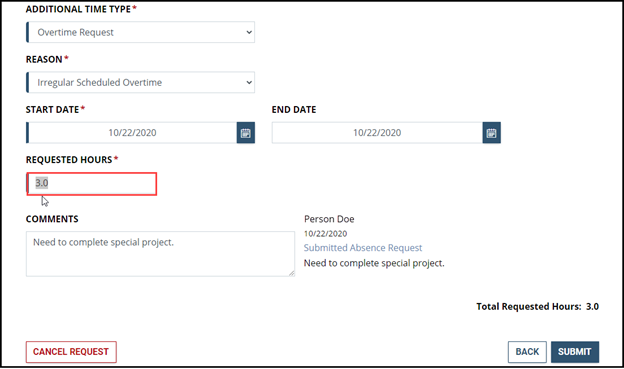 Timesheet entry with requested hours highlighted