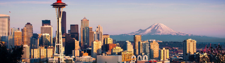 Seattle city skyline from buildings to mount rainier at dusk.