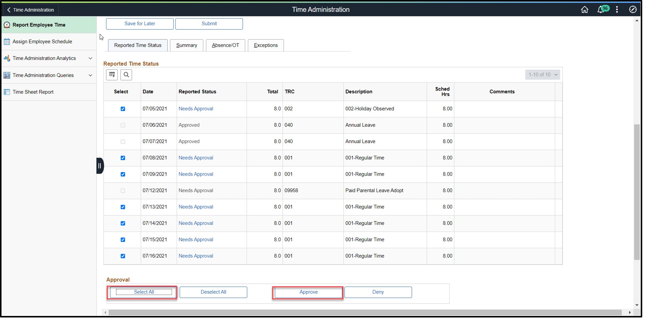 Timesheet entry with select all and approve buttons highlighted