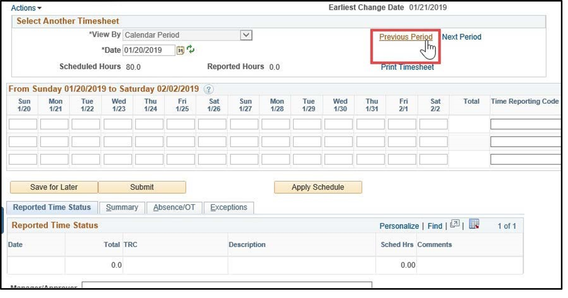 Timesheet entry with previous period link highlighted