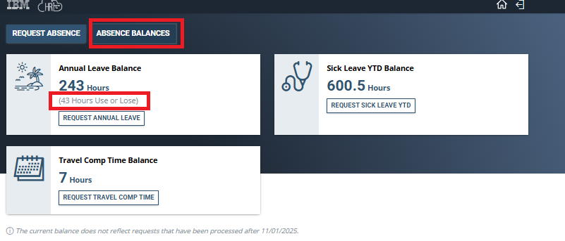 Screenshot of the absence page with absence balances highlighted