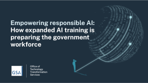 A blue background with a globe and the text "How expanded AI training is preparing the government workforce"