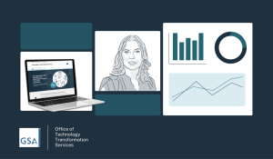 A blue and white, illustrated image with a computer on the left, woman in the middle and chart graphics on the right