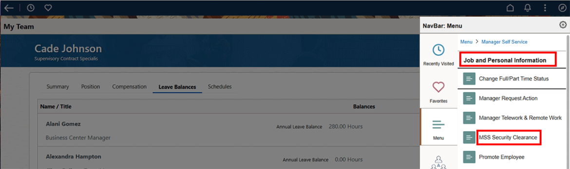  Screenshot showing Jobs and Personal Information and MSS Security Clearance highlighted in red.