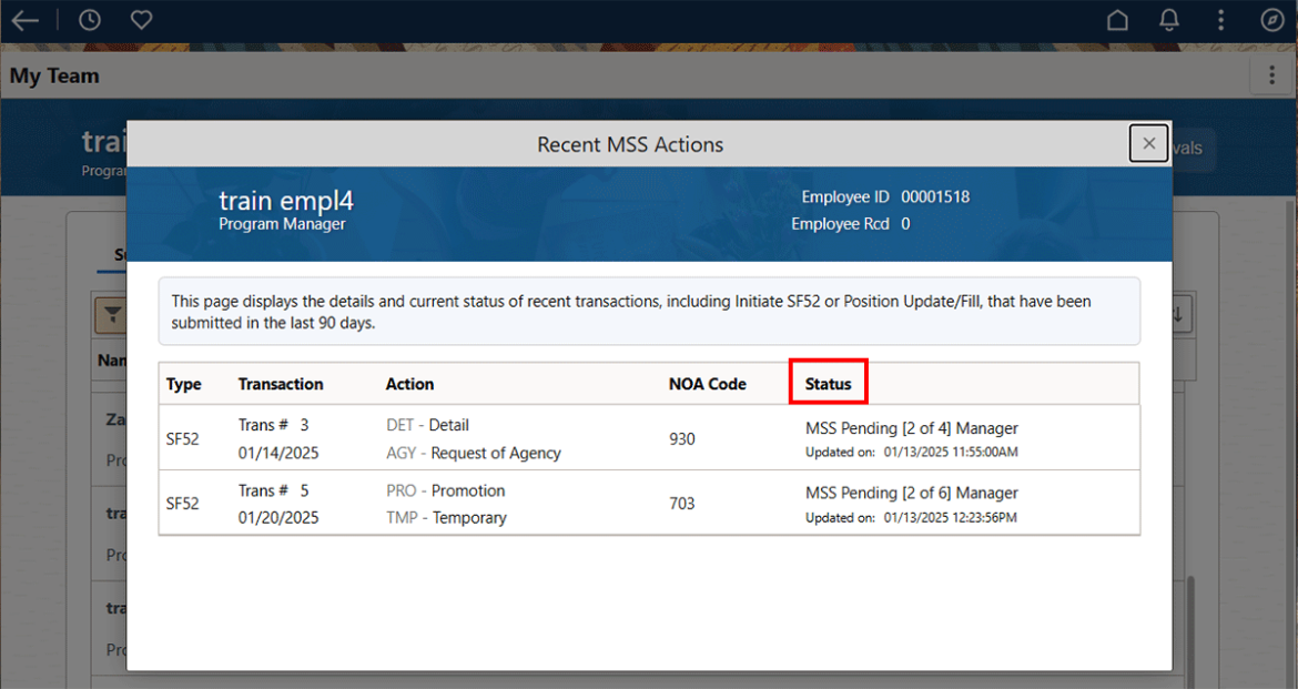  Screenshot of Recent MSS Actions popup with the Status column highlighted in red.