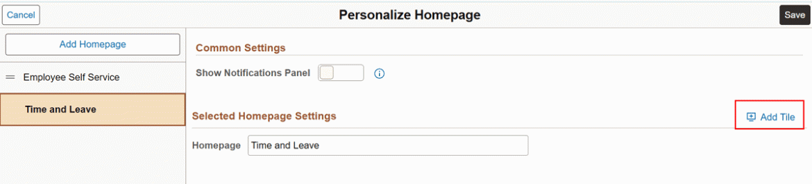  Screenshot showing Personalize homepage box with the Add Tile link in the right side highlighted in red.