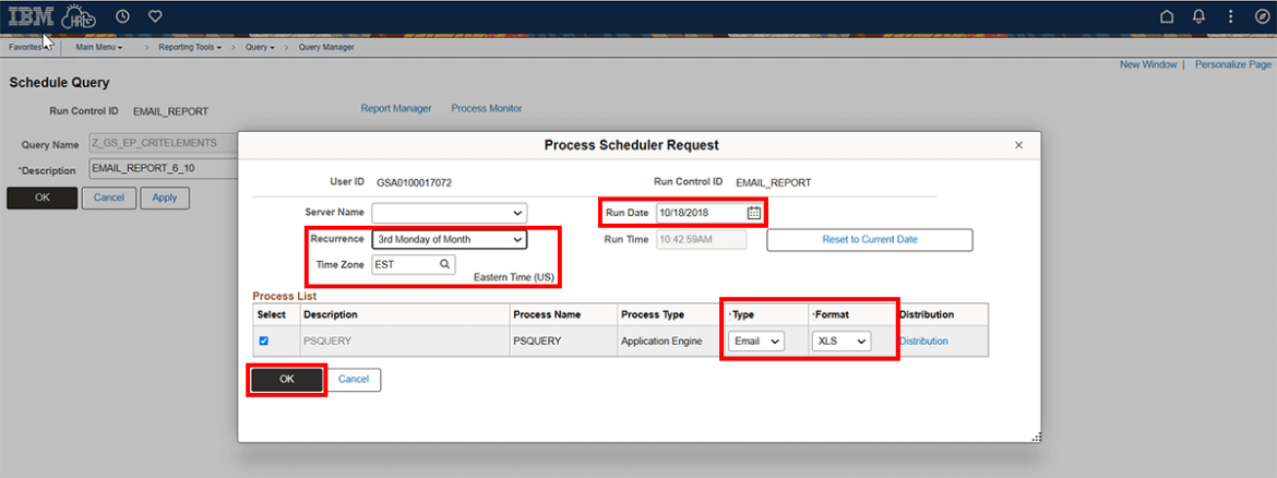 Screenshot showing Run date, recurrence, time zone, type, format and OK button highlighted in red. 