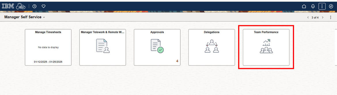  Screenshot showing Manager Self Service page with Team Performance tile highlighted in red.