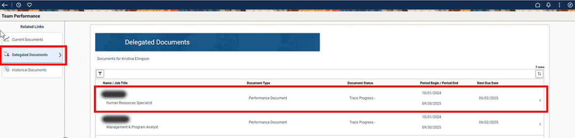  Screenshot showing Delegated Documents in the left column and the list of documents in the body highlighted in red.