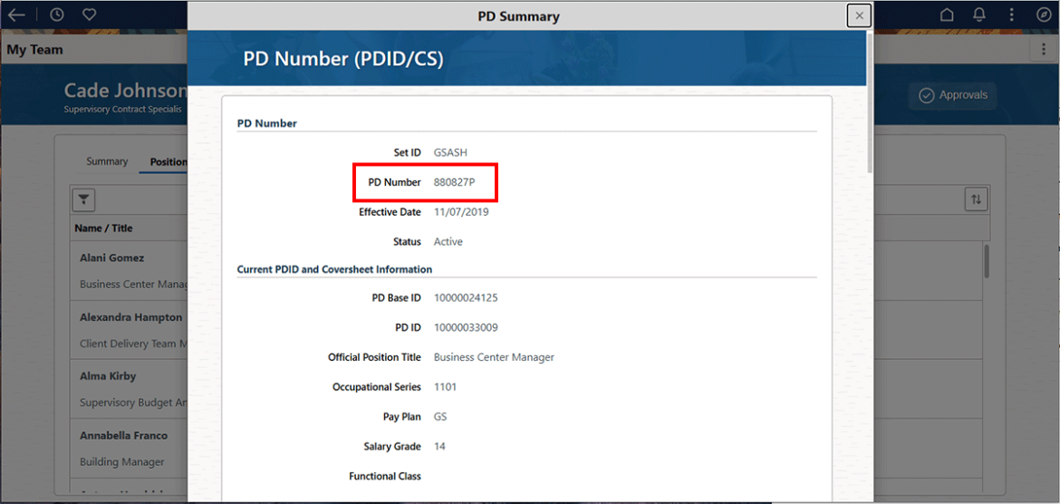 Screenshot showing the PD Summary popup with the PD number highlighted in red.