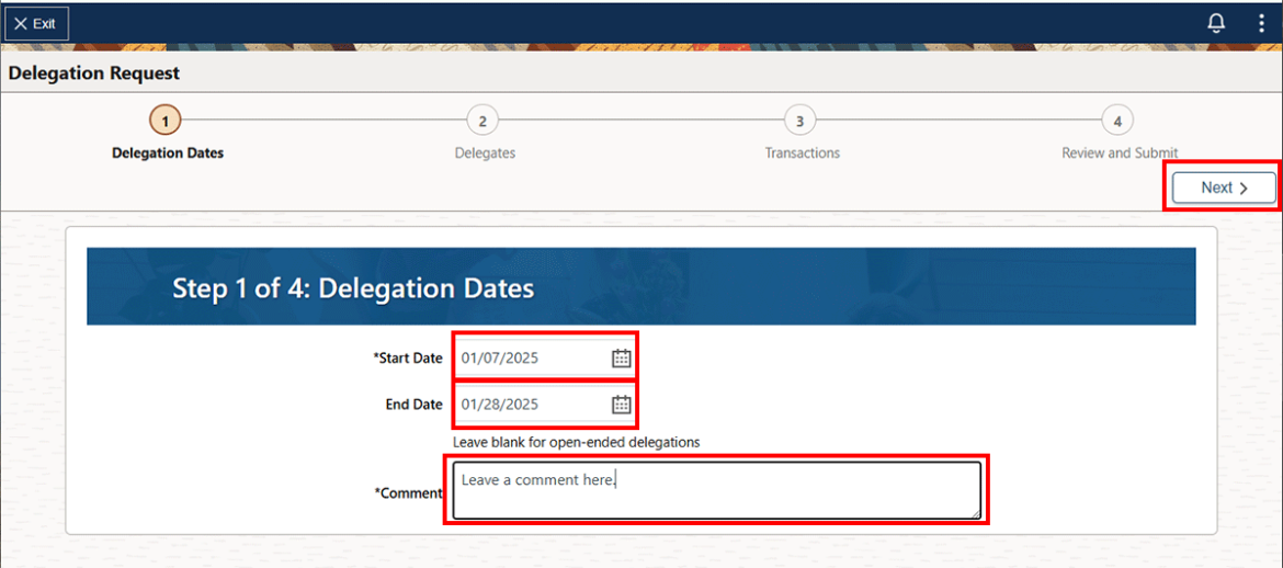  Screenshot showing Start date, End date, Comments fields and Next button highlighted in red.