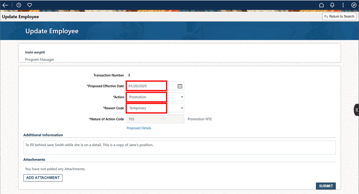  Screen shot showing proposed effective date , Action, and Reason code highlighted in red.