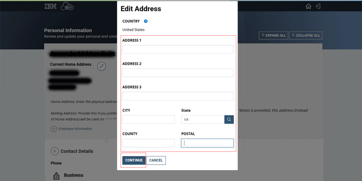  Screenshot showing the address fields and Continue button highlighted in red.