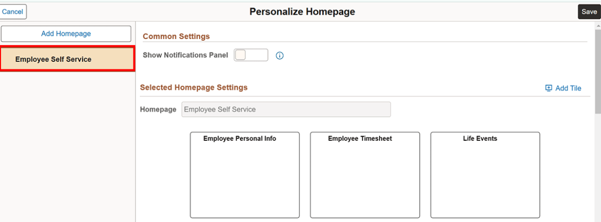  Screenshot showing the Employee Self Service homepage button highlighted in the left column.