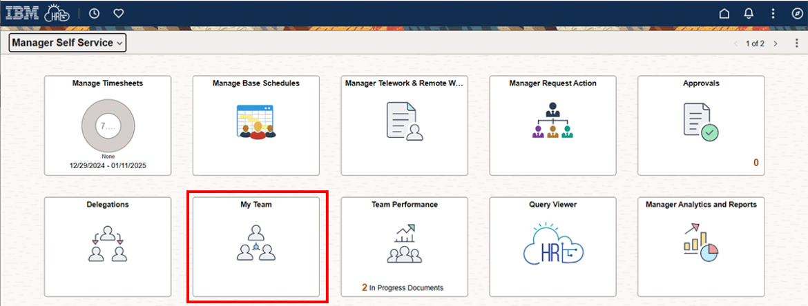 Screenshot of Manager Self Service page showing the My Team tile highlighted in red.