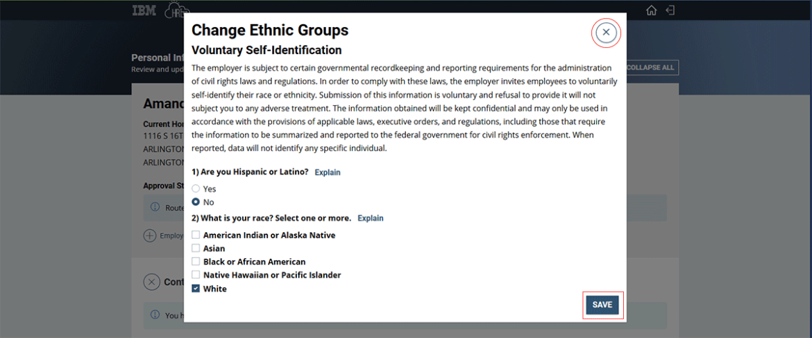  Screenshot showing popup of Change Ethnic groups with close button and Save highlighted in red.