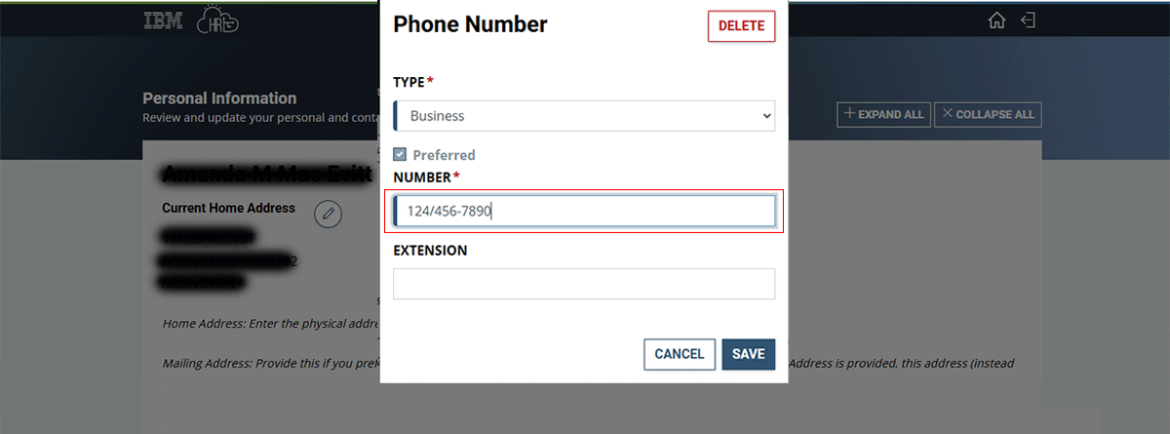  Screenshot showing the number field with the U.S. number example highlighted in red.