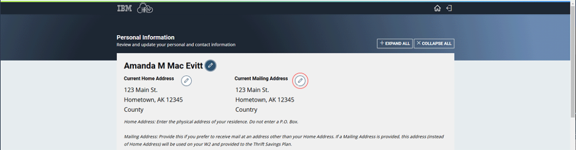  Screenshot showing the edit icon next to the current mailing address highlighted in red.