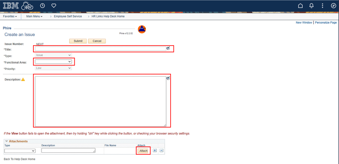 Screenshot of Create an issue page with Title, Functional Area, Description, Attach and Submit buttons highlighted