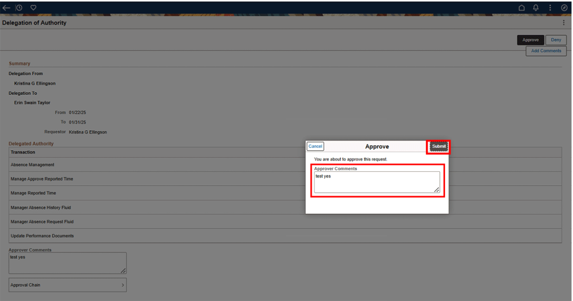  Screenshot showing the Approve popup with the Approver comments and Submit button highlighted in red.