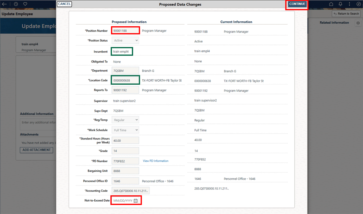  Screen shot showing fields that need to change and the Continue button highlighted in red.