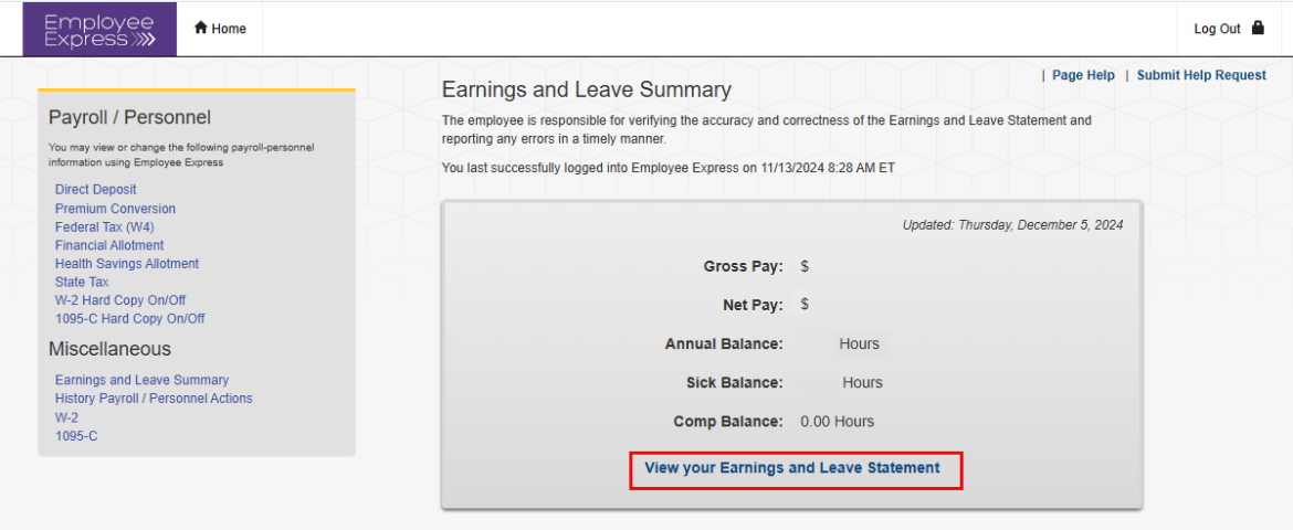 Screenshot of an employee portal displaying payroll details and an earnings and leave summary, including gross pay and annual leave balance