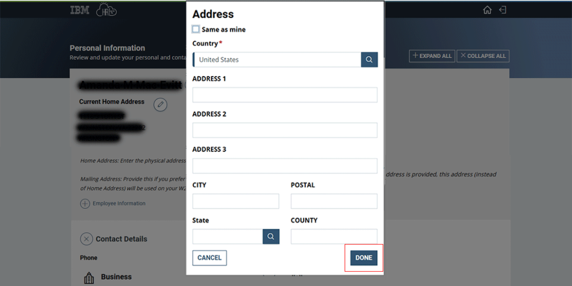 Screenshot showing Address popup with the Done button highlighted in red.