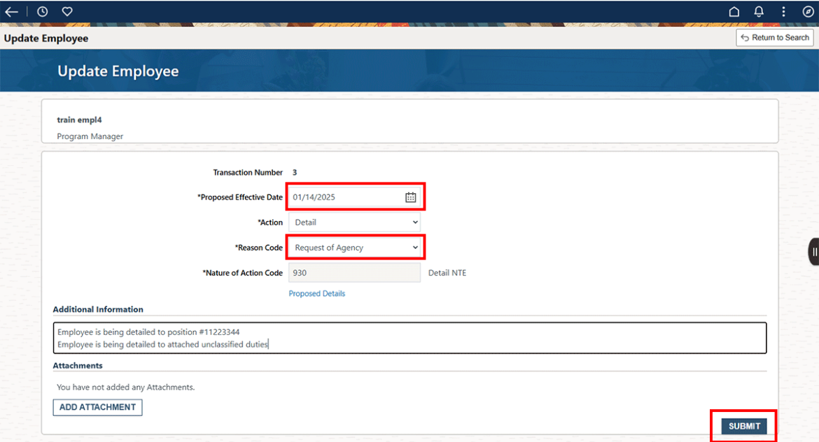  Screenshot showing Update employee screen with Proposed effective date, reason code and Submit button highighted in red.