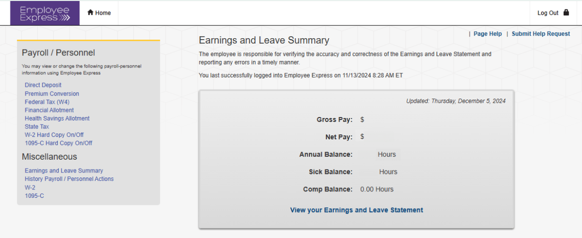 Screenshot showing View your Earnings and Leave Statement at the bottom of the earnings and leave page highlighted in red.