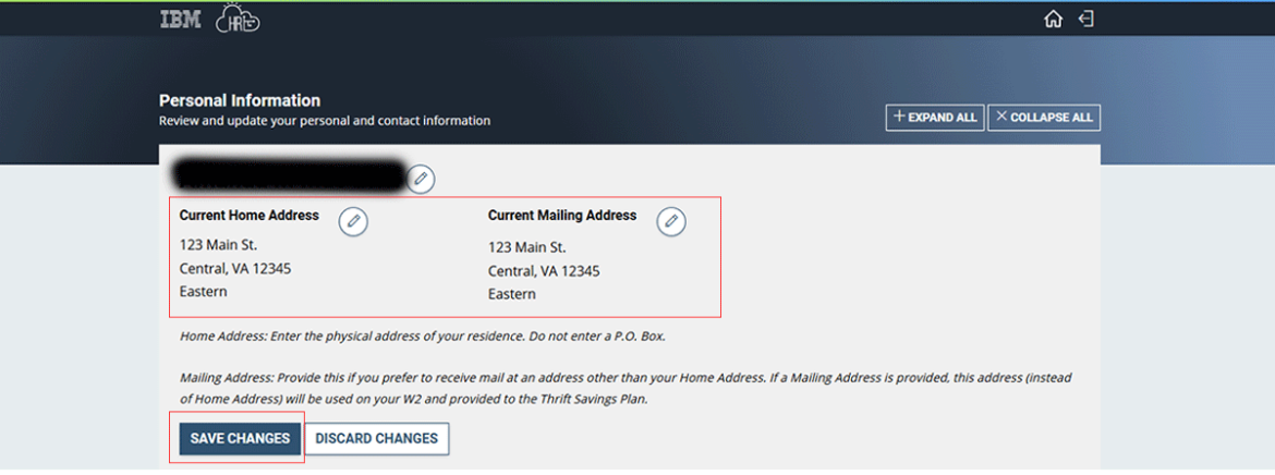  Screenshot showing confirmation of address change with the Save Changes button highlighted in red.