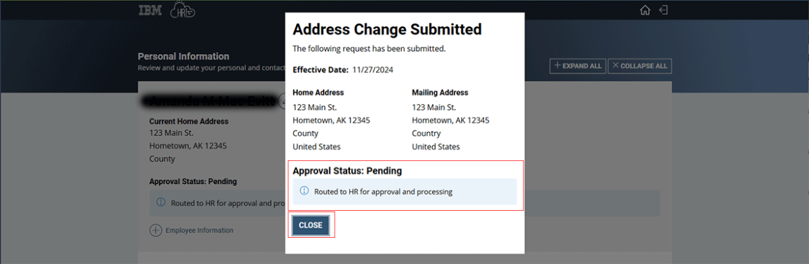  Screenshot showing popup for Address change status: Pending. Routed to HR for approval and processing.